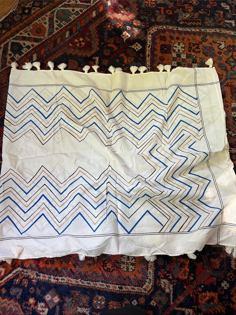J. Crew White circle wrap shawl with Blue and Tan Chevron Stripes and Tassels